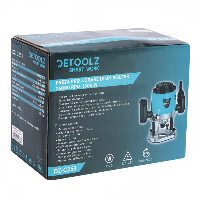 Freza prelucrare lemn Router 26000rpm 1500W Detoolz [3]