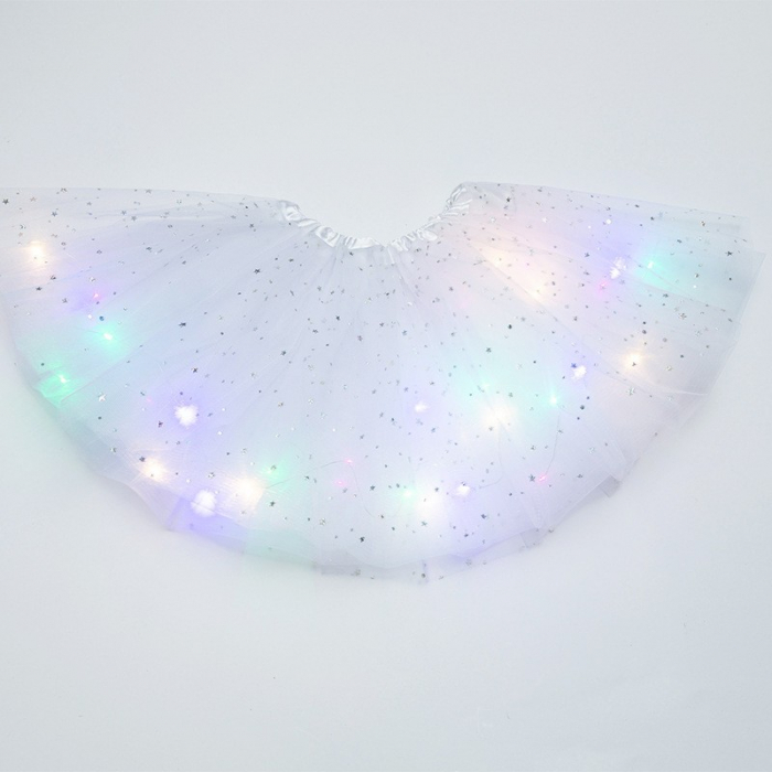 Fusta LED pentru Copii, Flippy, Tutu de Balet pentru Fetite cu Luminite Multicolore Incorporate, Model Stelute, 30 cm Lungime, Alb [2]