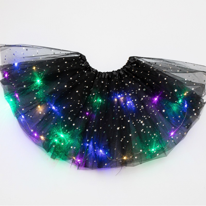 Fusta LED pentru Copii, Flippy, Tutu de Balet pentru Fetite cu Luminite Multicolore Incorporate, Model Stelute, 30 cm Lungime, Negru [2]