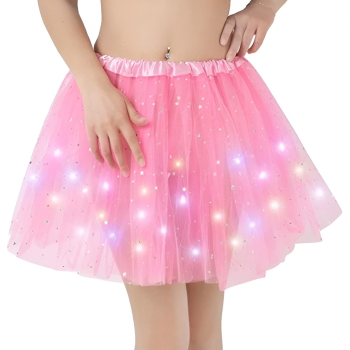 Fusta LED pentru Copii, Flippy, Tutu de Balet pentru Fetite cu Luminite Multicolore Incorporate, Model Stelute, 30 cm Lungime, Roz [1]