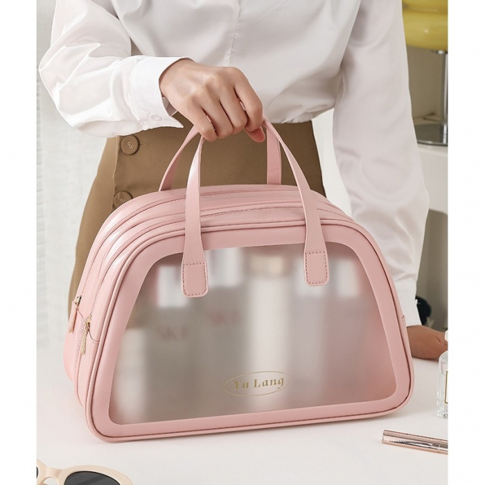 Geanta Cosmetice de Voiaj, Flippy, Dubla Compartimentare, Impermeabila, Translucida Mata, 35 x 22 x 15 cm, Roz [2]