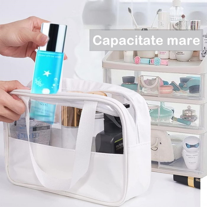 * LICHIDARE STOC * Geanta cosmetice Flippy, pentru voiaj sau organizare, material PVC/textil, impermeabila, portabila, 26 x 15 x 10 cm, alb [7]