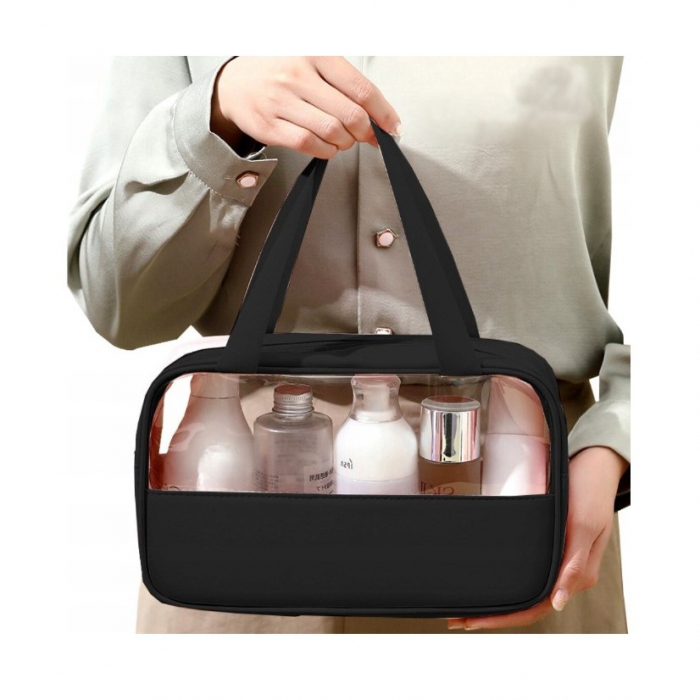 * LICHIDARE STOC * Geanta cosmetice Flippy, pentru voiaj sau organizare, material PVC/textil, impermeabila, portabila, 26 x 15 x 10 cm, negru [3]