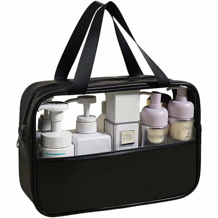 Geanta cosmetice Flippy, pentru voiaj sau organizare, material PVC/textil, impermeabila, portabila, 30X21X12 cm, negru [1]