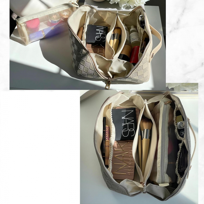 Geanta de Calatorie Flippy, Pentru Cosmetice, Portabila, Impermeabila, din Piele Ecologica, Compartimente Multiple, cu Fermoar, 22 x 13 x 12.5 cm, In Carouri, Crem [5]