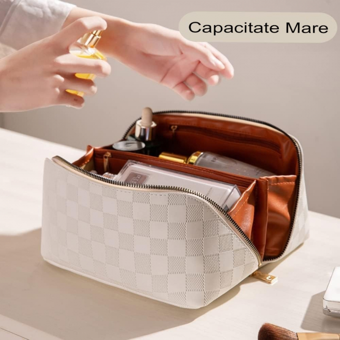 Geanta de Calatorie Flippy, Pentru Cosmetice, Portabila, Impermeabila, din Piele Ecologica, Compartimente Multiple, cu Fermoar, 22 x 13 x 12.5 cm, In Carouri, Crem [2]