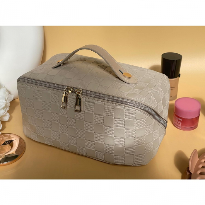 Geanta de Calatorie Flippy, Pentru Cosmetice, Portabila, Impermeabila, din Piele Ecologica, Compartimente Multiple, cu Fermoar, 22 x 13 x 12.5 cm, In Carouri, Crem [7]