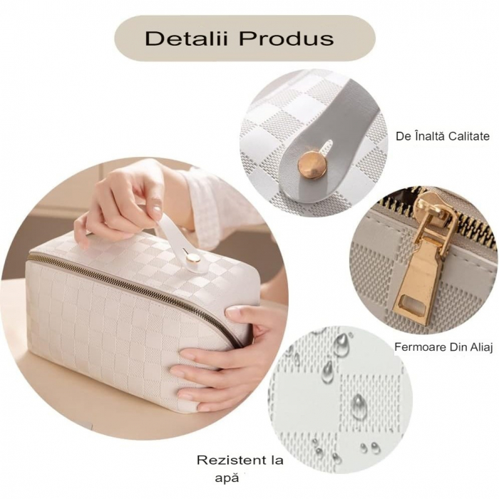 Geanta de Calatorie Flippy, Pentru Cosmetice, Portabila, Impermeabila, din Piele Ecologica, Compartimente Multiple, cu Fermoar, 22 x 13 x 12.5 cm, In Carouri, Crem [3]