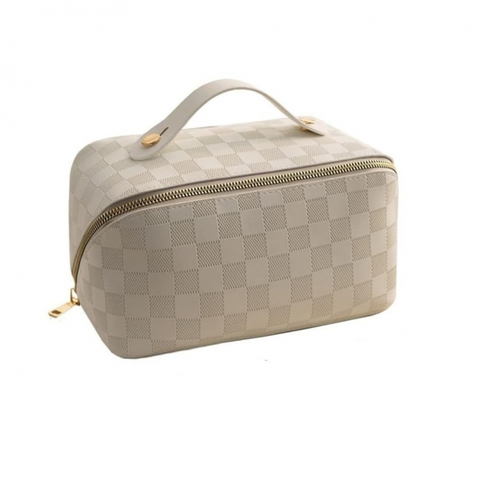 Geanta de Calatorie Flippy, Pentru Cosmetice, Portabila, Impermeabila, din Piele Ecologica, Compartimente Multiple, cu Fermoar, 22 x 13 x 12.5 cm, In Carouri, Crem [1]
