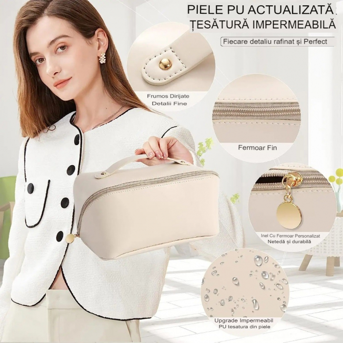Geanta de Calatorie Flippy, Pentru Cosmetice, Portabila, Impermeabila, din Piele Ecologica, Compartimente Multiple, cu Fermoar, 23 x 11.5 x 10.5 cm, Crem [11]