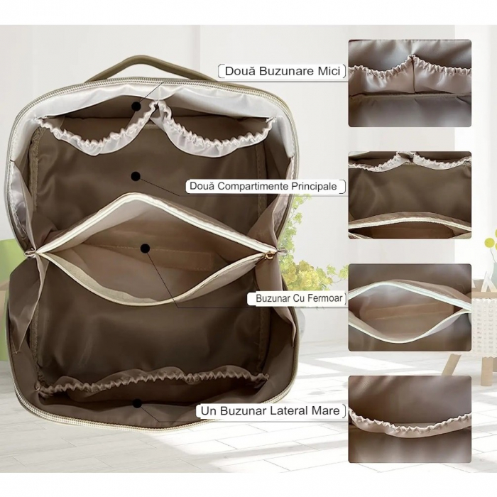 Geanta de Calatorie Flippy, Pentru Cosmetice, Portabila, Impermeabila, din Piele Ecologica, Compartimente Multiple, cu Fermoar, 23 x 11.5 x 10.5 cm, Crem [10]
