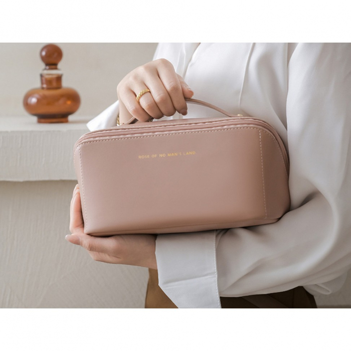 Geanta de Calatorie Flippy, Pentru Cosmetice, Portabila, Impermeabila, din Piele Ecologica, Compartimente Multiple, cu Fermoar, 23 x 11.5 x 10.5 cm, Roz [2]