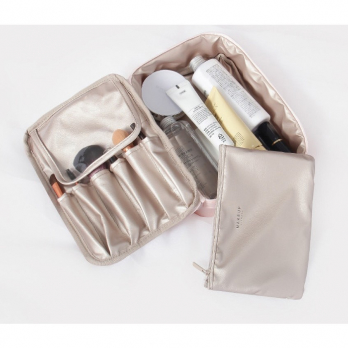 Geanta de Calatorie, Flippy, pentru Cosmetice si Articole de Toaleta, Material Impermeabil, 2 in 1, Portfard Interior Detasabil, 23 x 16 x 8 cm, Roz [5]
