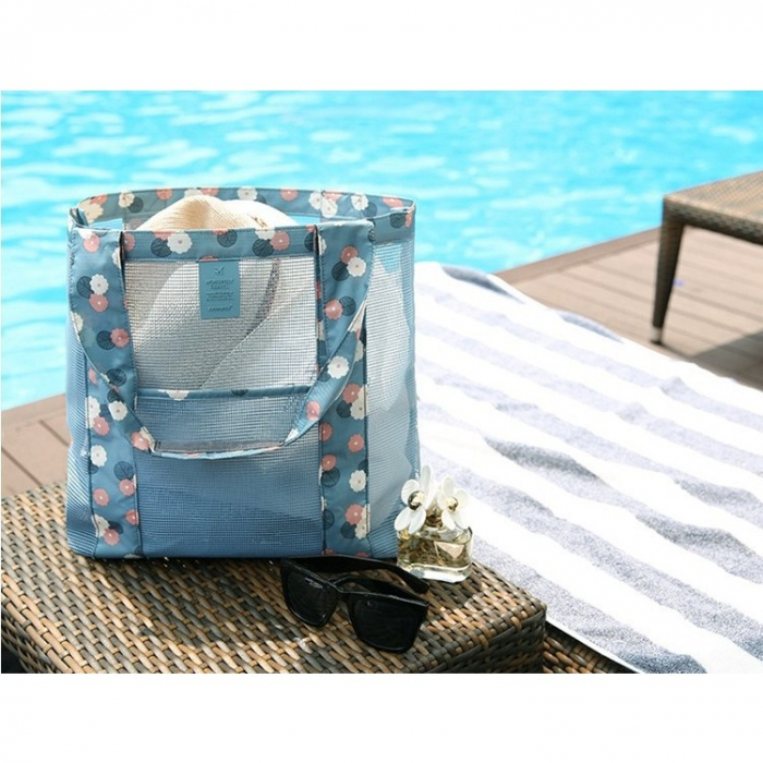 Geanta de Plaja, Flippy, din Plasa Transparenta, Imprimeu Floral, 43 x 10 x 33 cm, Model pentru Umar, Lungime Inferioara 33 cm, Albastru [5]