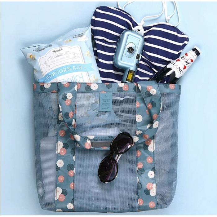 LICHIDARE Geanta de Plaja, Flippy, din Plasa Transparenta, Imprimeu Floral, 43 x 10 x 33 cm, Model pentru Umar, Lungime Inferioara 33 cm, Albastru [8]