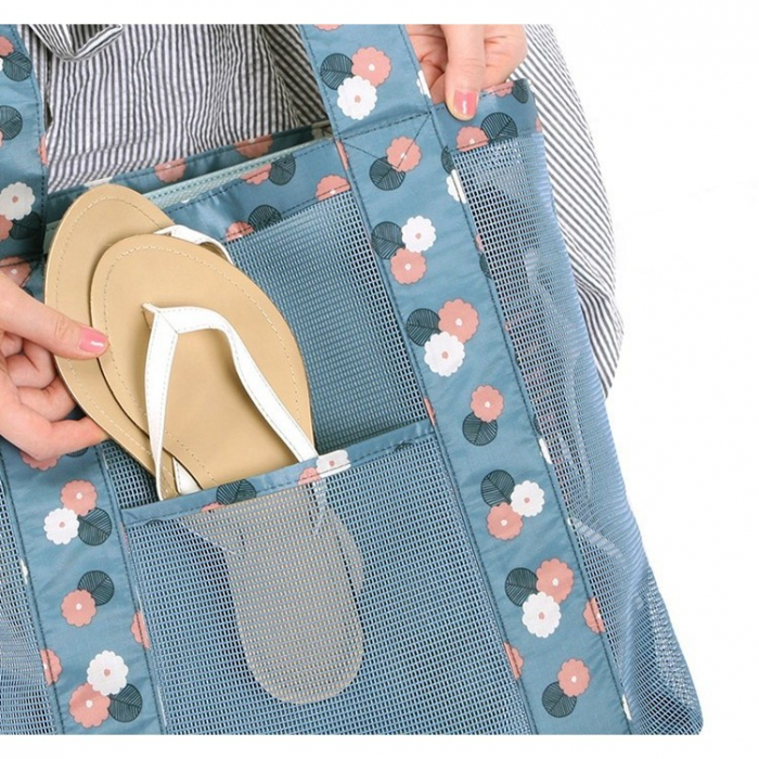 LICHIDARE Geanta de Plaja, Flippy, din Plasa Transparenta, Imprimeu Floral, 43 x 10 x 33 cm, Model pentru Umar, Lungime Inferioara 33 cm, Albastru [7]