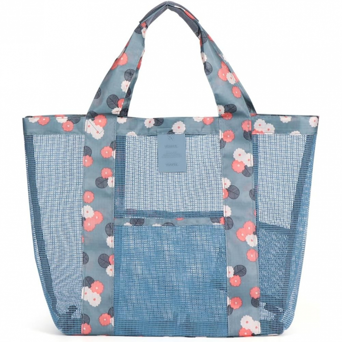 Geanta de Plaja, Flippy, din Plasa Transparenta, Imprimeu Floral, 43 x 10 x 33 cm, Model pentru Umar, Lungime Inferioara 33 cm, Albastru [1]