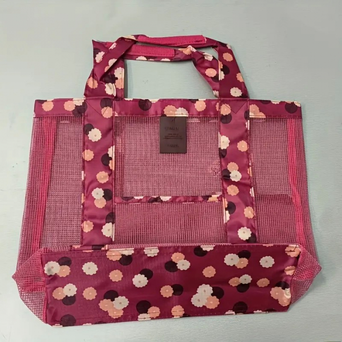 Geanta de Plaja, Flippy, din Plasa Transparenta, Imprimeu Floral, 43 x 10 x 33 cm, Model pentru Umar, Lungime Inferioara 33 cm, Burgundy [2]