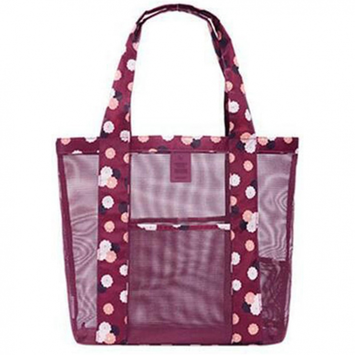 Geanta de Plaja, Flippy, din Plasa Transparenta, Imprimeu Floral, 43 x 10 x 33 cm, Model pentru Umar, Lungime Inferioara 33 cm, Burgundy [6]