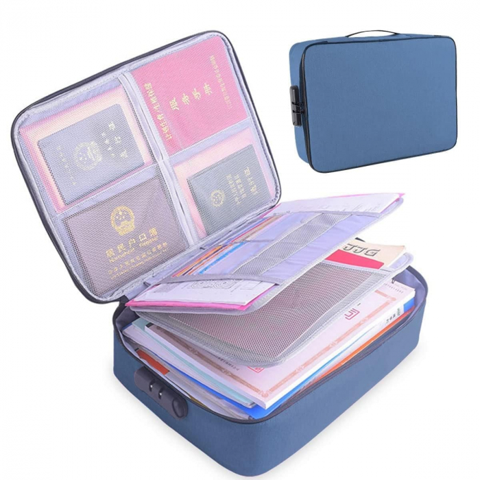 Geanta Flippy pentru Depozitare Acte si Documente, Facturi, Carduri, cu Cod de Securitate, 2 Compartimente, Impermeabila, 37 x 10.5 x 27 cm, Albastru Marin [6]