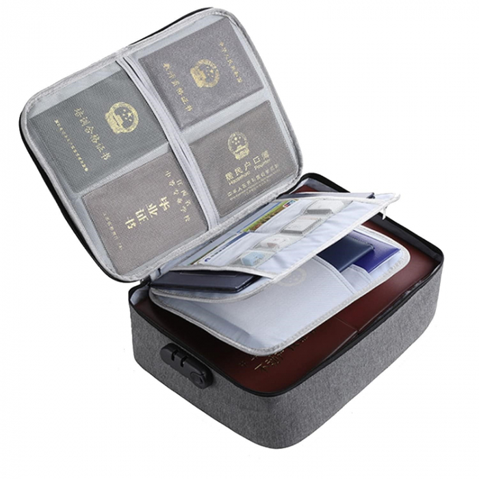 Geanta Flippy pentru Depozitare Acte si Documente, Facturi, Carduri, cu Cod de Securitate, 2 Compartimente, Impermeabila, 37 x 10.5 x 27 cm, Gri [1]