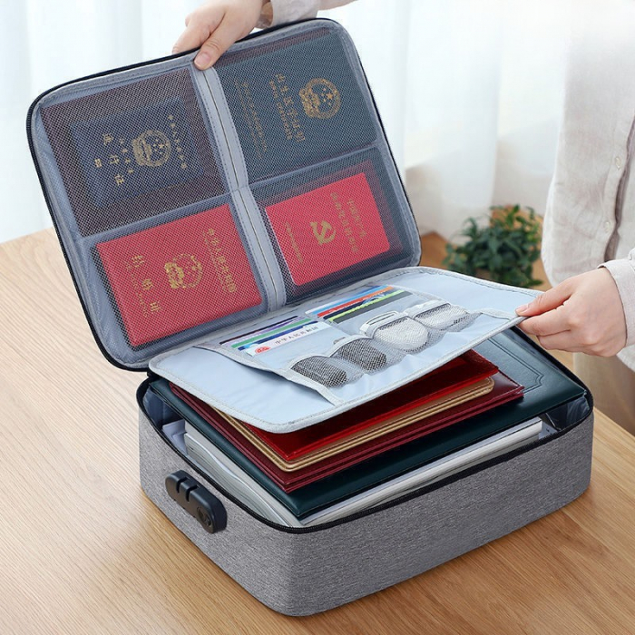 Geanta Flippy pentru Depozitare Acte si Documente, Facturi, Carduri, cu Cod de Securitate, 2 Compartimente, Impermeabila, 37 x 10.5 x 27 cm, Gri [14]