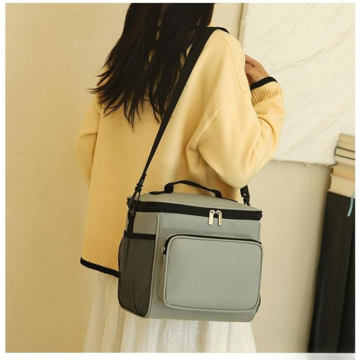 Lichidare Geanta pentru Pranz, Flippy, Multifunctionala, Compartimentata, 2 Tipuri de Manere, Impermeabila, 26x24x17 cm, Gri [3]