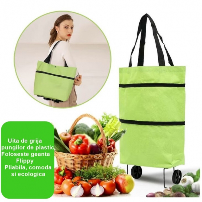 Geanta Pliabila, Flippy, 2 in 1, Carucior cu Roti, pentru Cumparaturi, 19 l, Verde, Plastic, 39 x 46 x 12 cm [2]