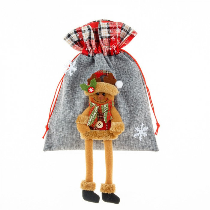 Geanta /Sac de Craciun Ren Gri cu Rosu in carouri 30x25 cm [6]