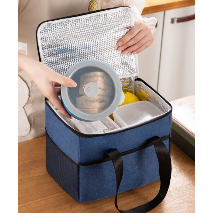 Geanta Termica Flippy pentru Pranz, Compartimente Telefon si Tacamuri, Multifunctionala, Impermeabila, 24x18x21 cm, Albastru [2]