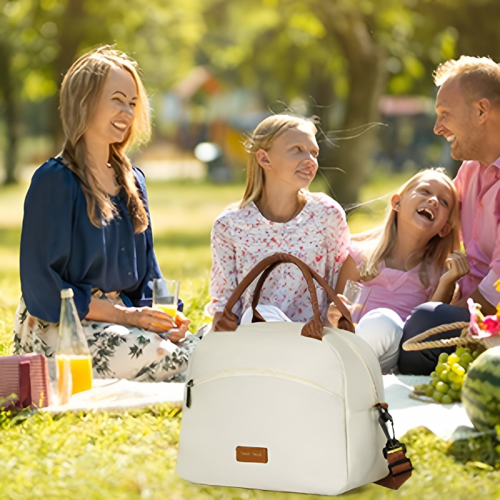 Lichidare Geanta Termica pentru Pranz Flippy, Multifunctionala, Compartimentata, Impermeabila, 2 Tipuri de Manere, 26x14.3x21.2 cm, Crem [3]