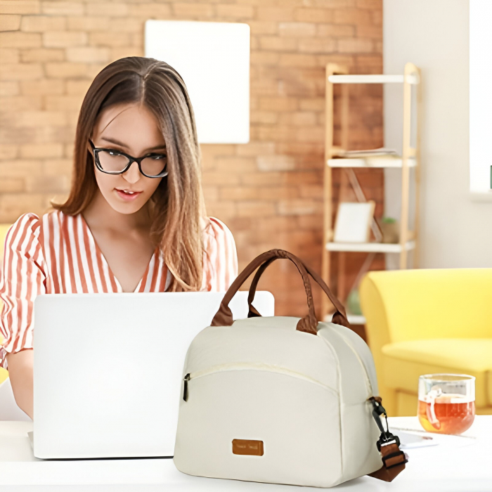 Lichidare Geanta Termica pentru Pranz Flippy, Multifunctionala, Compartimentata, Impermeabila, 2 Tipuri de Manere, 26x14.3x21.2 cm, Crem [4]