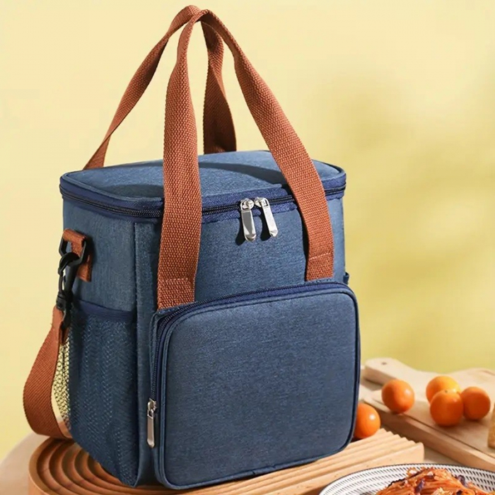 Geanta Termo-Izolanta, Flippy, Multifunctionala, 1 Compartiment Principal, 1 Buzunar Lateral Exterior, Impermeabila, Manere si Bretea de Umar, 25x22x15 cm, Albastru [2]