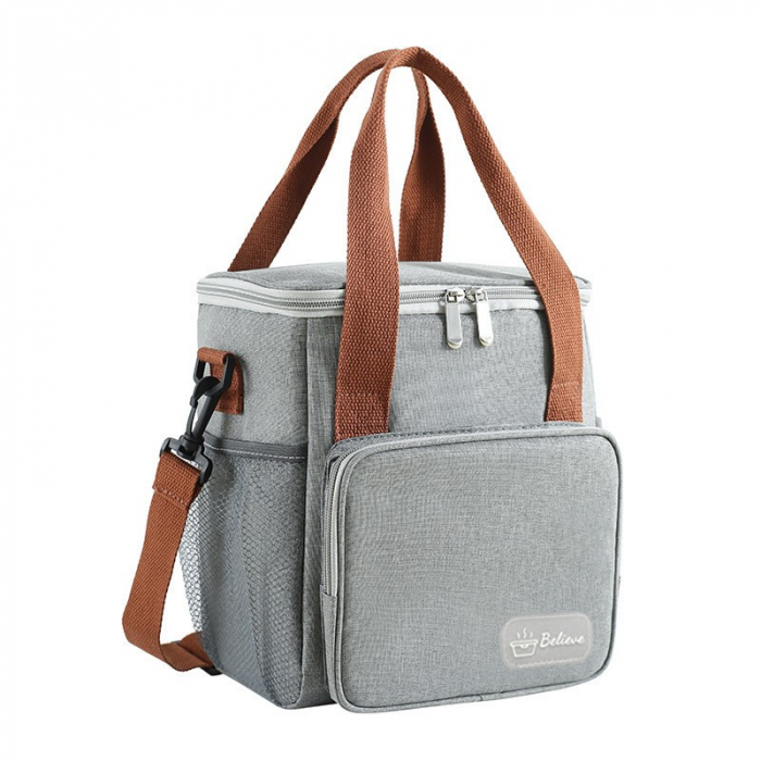 Geanta Termo-Izolanta, Flippy, Multifunctionala, 1 Compartiment Principal, 1 Buzunar Lateral Exterior, Impermeabila, Manere si Bretea de Umar, 25x22x15 cm, Gri [1]