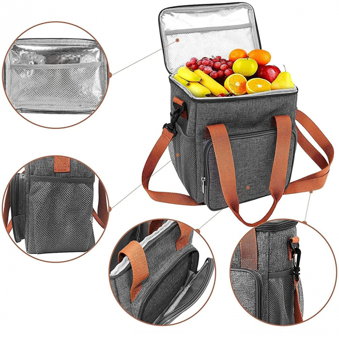 Geanta Termo-Izolanta, Flippy, Multifunctionala, 1 Compartiment Principal, 1 Buzunar Lateral Exterior, Impermeabila, Manere si Bretea de Umar, 25x22x15 cm, Gri [2]