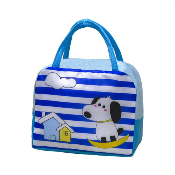 Geanta Termoizolanta pentru Copii, Flippy, 23x13x19 cm, Model Imprimeu Catel, din Folie de Aluminiu si Panza Oxford, Albastru/Alb [1]