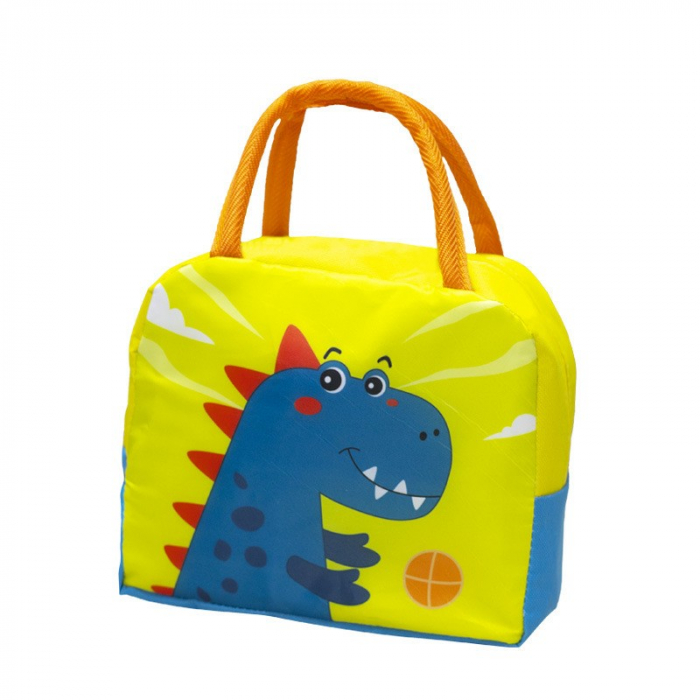 Geanta Termoizolanta pentru Copii, Flippy, 23x13x19 cm, Model Imprimeu Dinozaur, din Folie de Aluminiu si Panza Oxford, Albastru/Galben [1]
