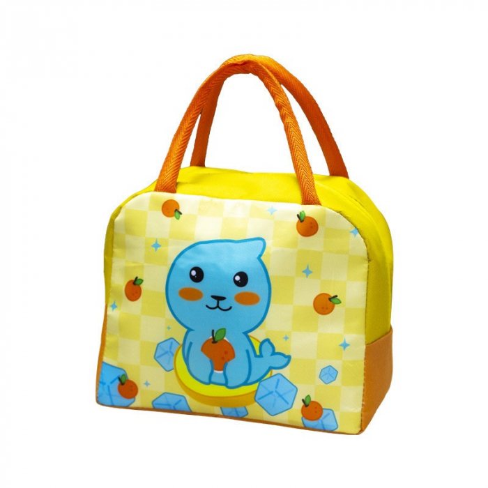 Geanta Termoizolanta pentru Copii, Flippy, 23x13x19 cm, Model Imprimeu Foca, din Folie de Aluminiu si Panza Oxford, Galben/Portocaliu [1]