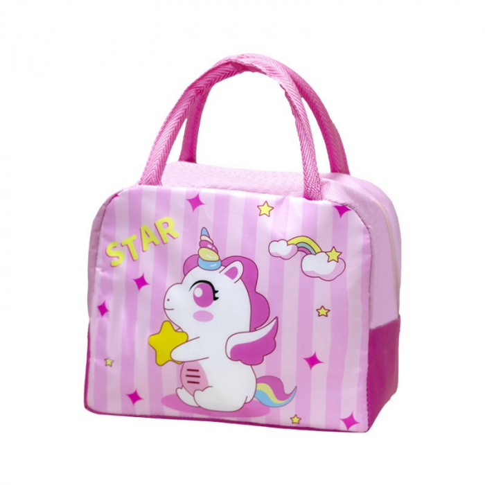 Geanta Termoizolanta pentru Copii, Flippy, 23x13x19 cm, Model Imprimeu Unicorn, din Folie de Aluminiu si Panza Oxford, Roz [1]