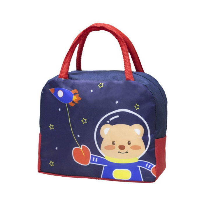 Geanta Termoizolanta pentru Copii, Flippy, 23x13x19 cm, Model Imprimeu Ursulet Astronaut, din Folie de Aluminiu si Panza Oxford, Albastru/Rosu [1]