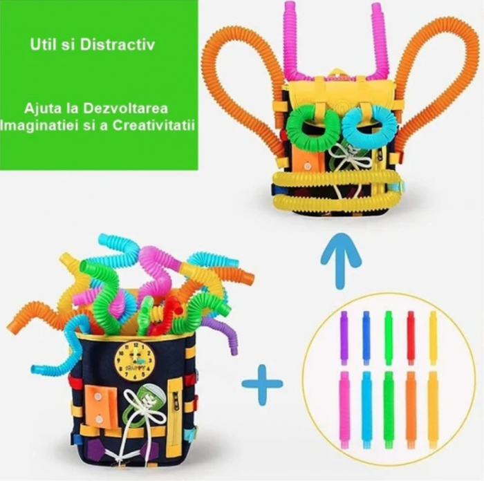 Ghiozdan Montessori, 2-6 ani, cu Jucarii Senzoriale, Activitate de Invatare prin Joc, Albastru Marin, 0.25 kg, 28x10x23 cm [3]