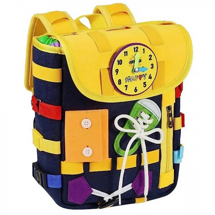 Ghiozdan Montessori, 2-6 ani, cu Jucarii Senzoriale, Activitate de Invatare prin Joc, Albastru Marin, 0.25 kg, 28x10x23 cm [1]