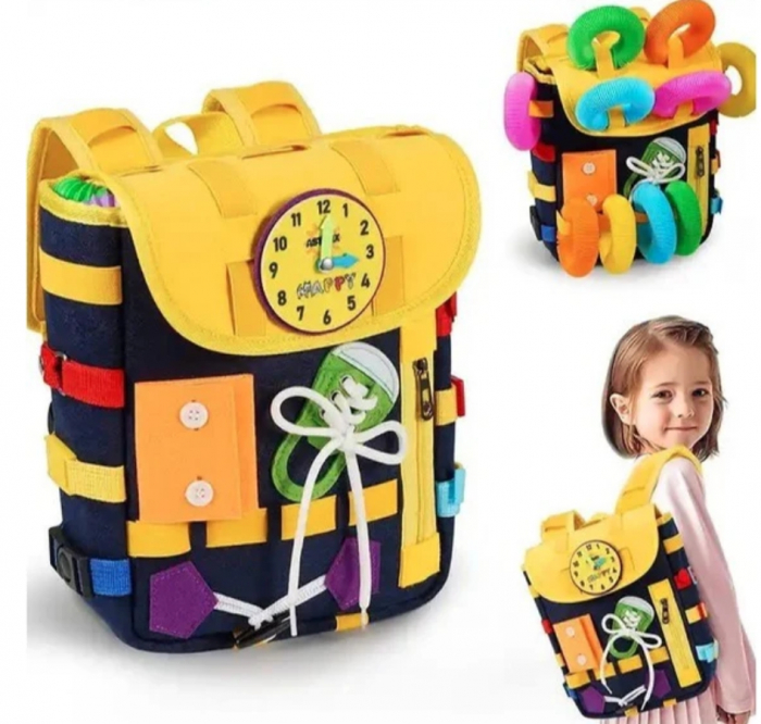 Ghiozdan Montessori, 2-6 ani, cu Jucarii Senzoriale, Activitate de Invatare prin Joc, Albastru Marin, 0.25 kg, 28x10x23 cm [2]