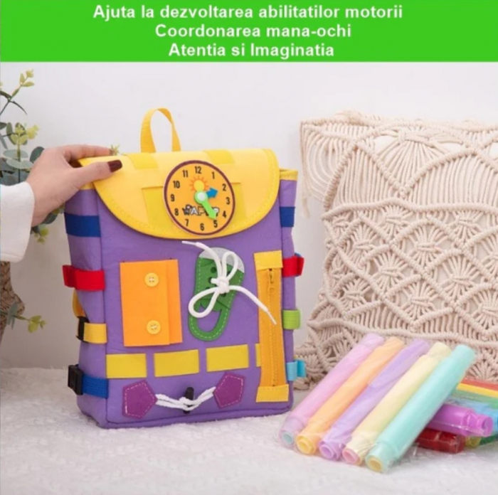 Ghiozdan Montessori, 2-6 ani, cu Jucarii Senzoriale, Activitate de Invatare prin Joc, Mov, 0.25 kg, 28x10x23 cm [2]