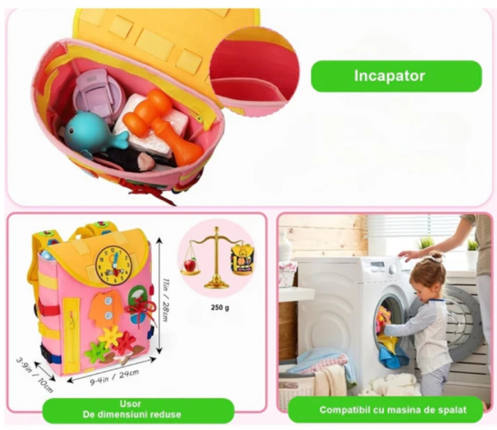 Ghiozdan Montessori, 2-6 ani, cu Jucarii Senzoriale, Activitate de Invatare prin Joc, Roz, 0.25 kg, 28x10x23 cm [3]