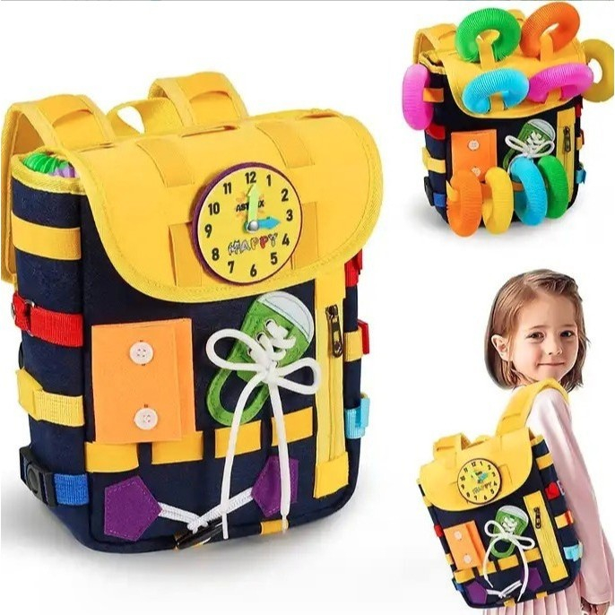 Ghiozdan Montessori, Flippy, pentru Copii 2-6 ani, Fidget Pop, cu Catarame si Fermoare, Jucarii Senzoriale, Activitate de Invatare prin Joc, Albastru Marin, 0.25 kg, 28x10x23 cm [6]