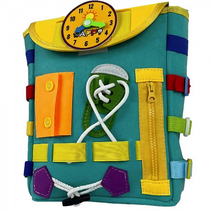 Ghiozdan Montessori, Flippy, pentru Copii 2-6 ani, Fidget Pop, cu Catarame si Fermoare, Jucarii Senzoriale, Activitate de Invatare prin Joc, Turcoaz, 0.25 kg, 28x10x23 cm [1]