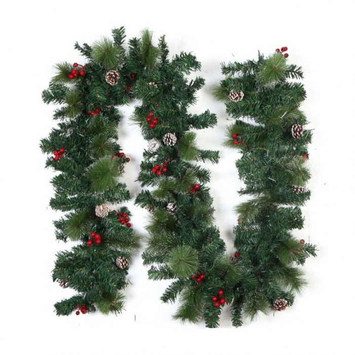 Ghirlanda de Craciun, cu merisoare si conuri, din brad artificial, 210 cm, verde [2]