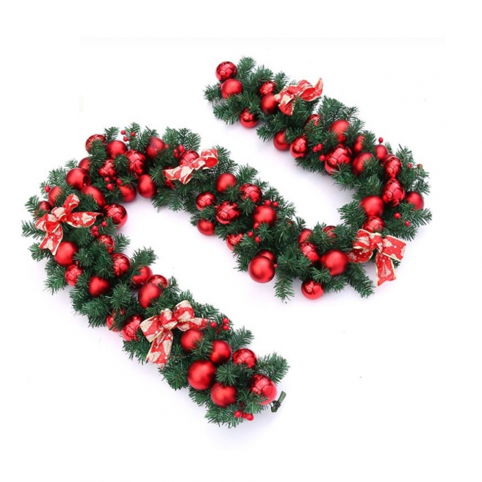 BF-Ghirlanda decorativa Craciun cu Globuri rosii si funde rosii cu argintiu, Flippy, 2,70 m, Verde [3]