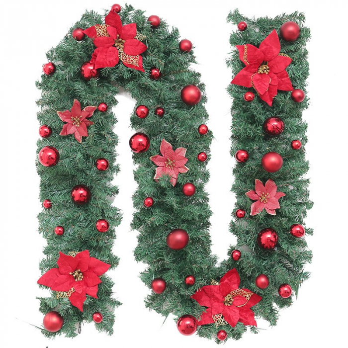 Ghirlanda decorativa Craciun cu Globuri si funde rosii, Flippy, 2,70 m, Verde [2]
